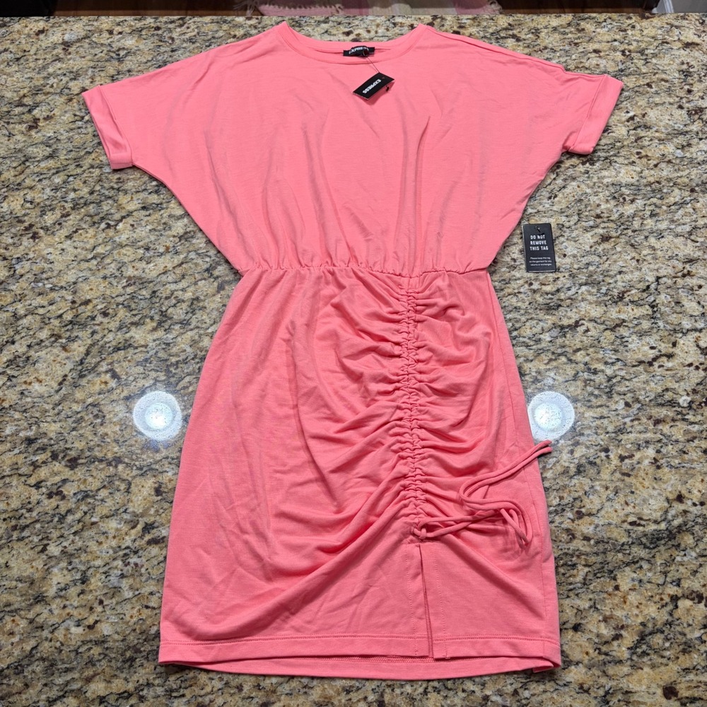 NEW Express Women Coral Pink Ruched Side Drawstring T-Shirt Mini Dress Small ws